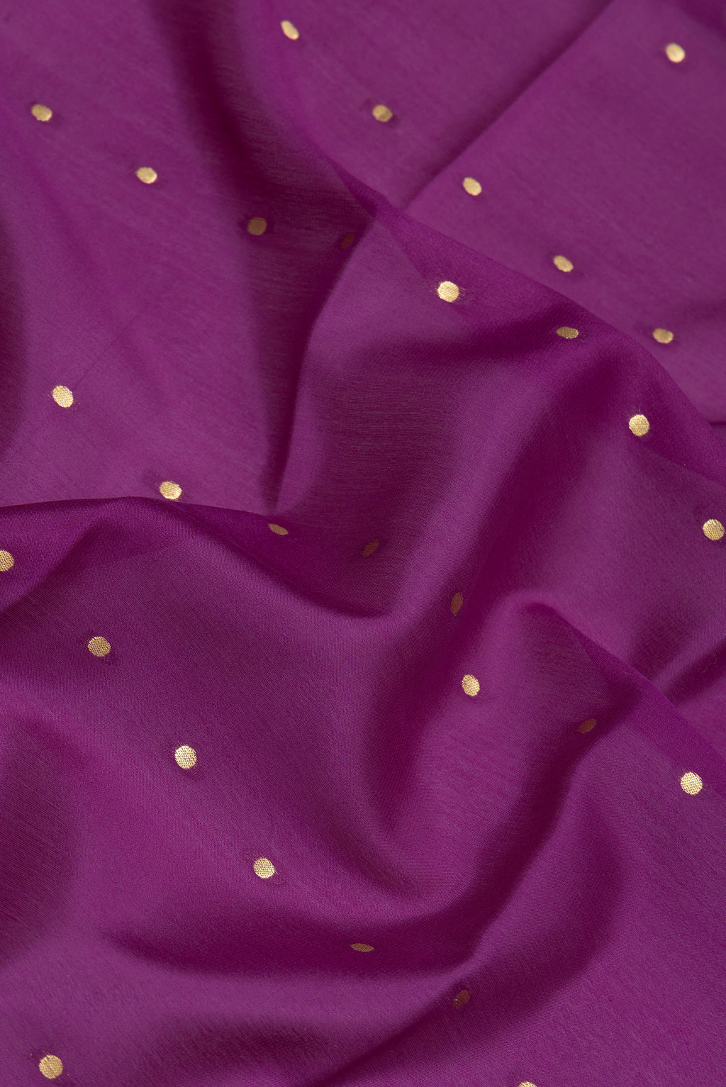 Close up of Magenta Mysore Silk Saree with Zari Butta on the body and Zari Border.  displaying folds