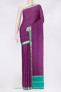 Magenta Mysore Silk Saree with Zari Butta on the body and Zari Border.  displayed on a mannequin
