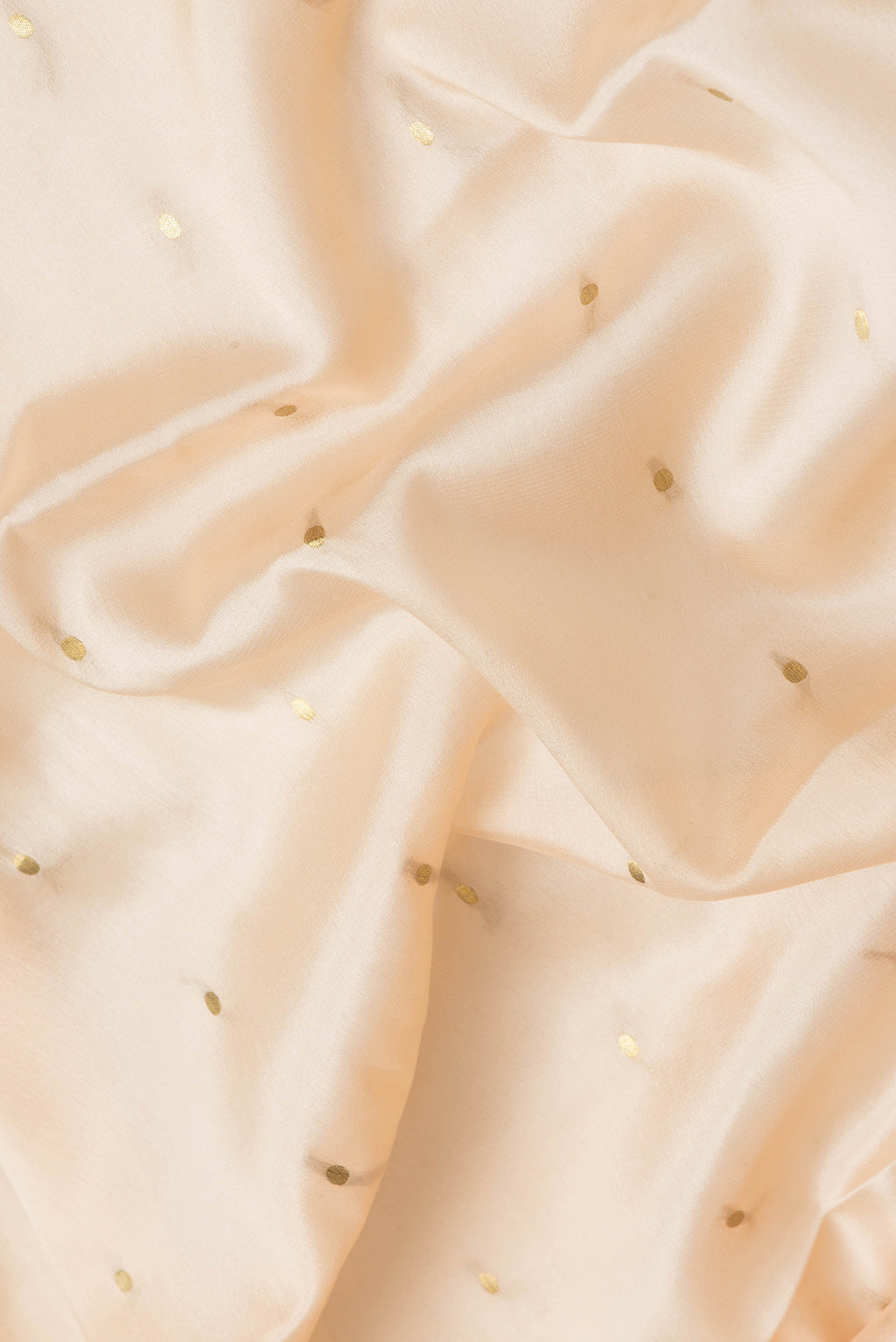 Close up of Beige Dual Tone Mysore Silk Saree with Zari Butta on the body and Zari Border.  displaying folds