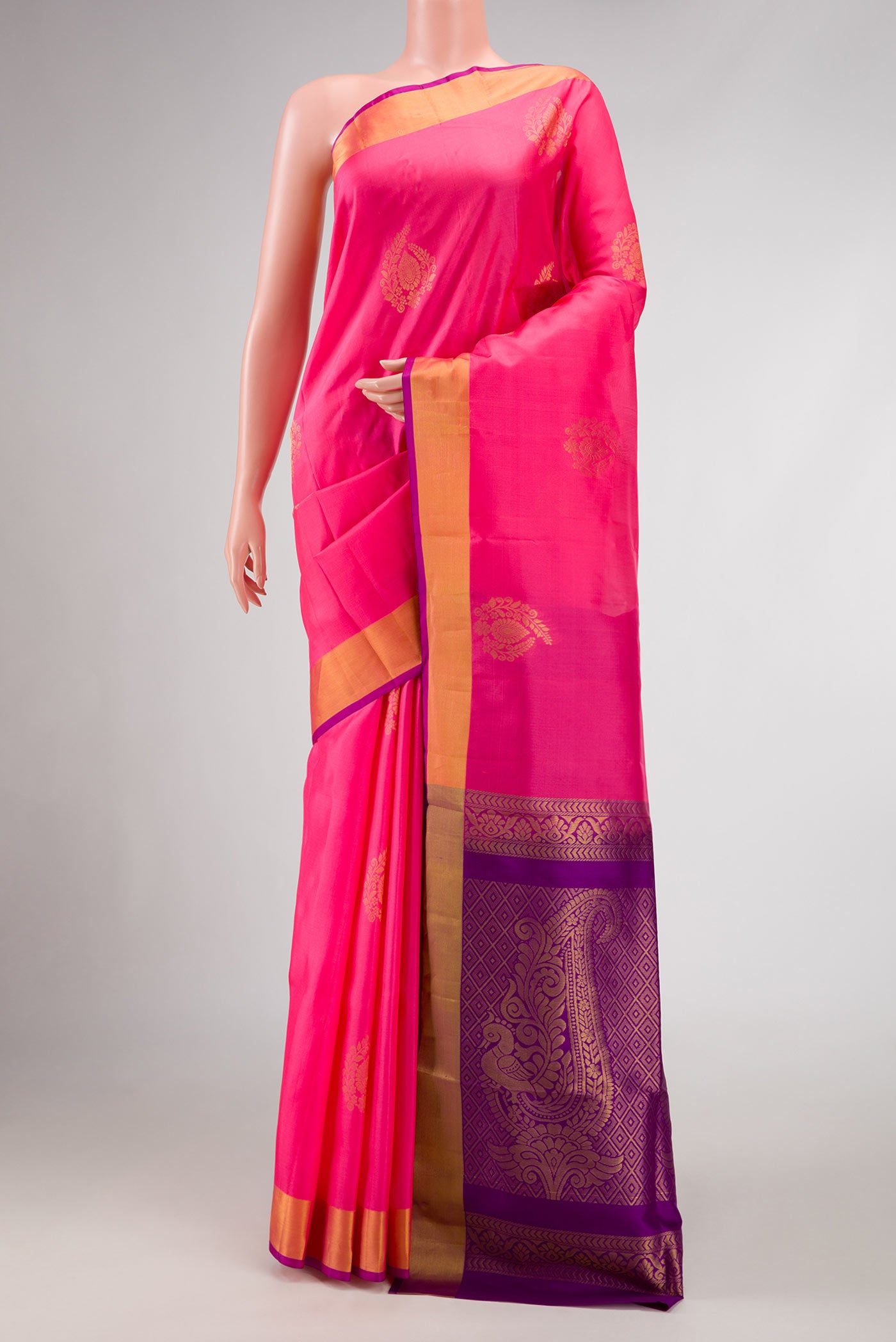 Pink Dual Tone Soft Silk Saree with Zari Butta on the body and Zari Border.  displayed on a mannequin