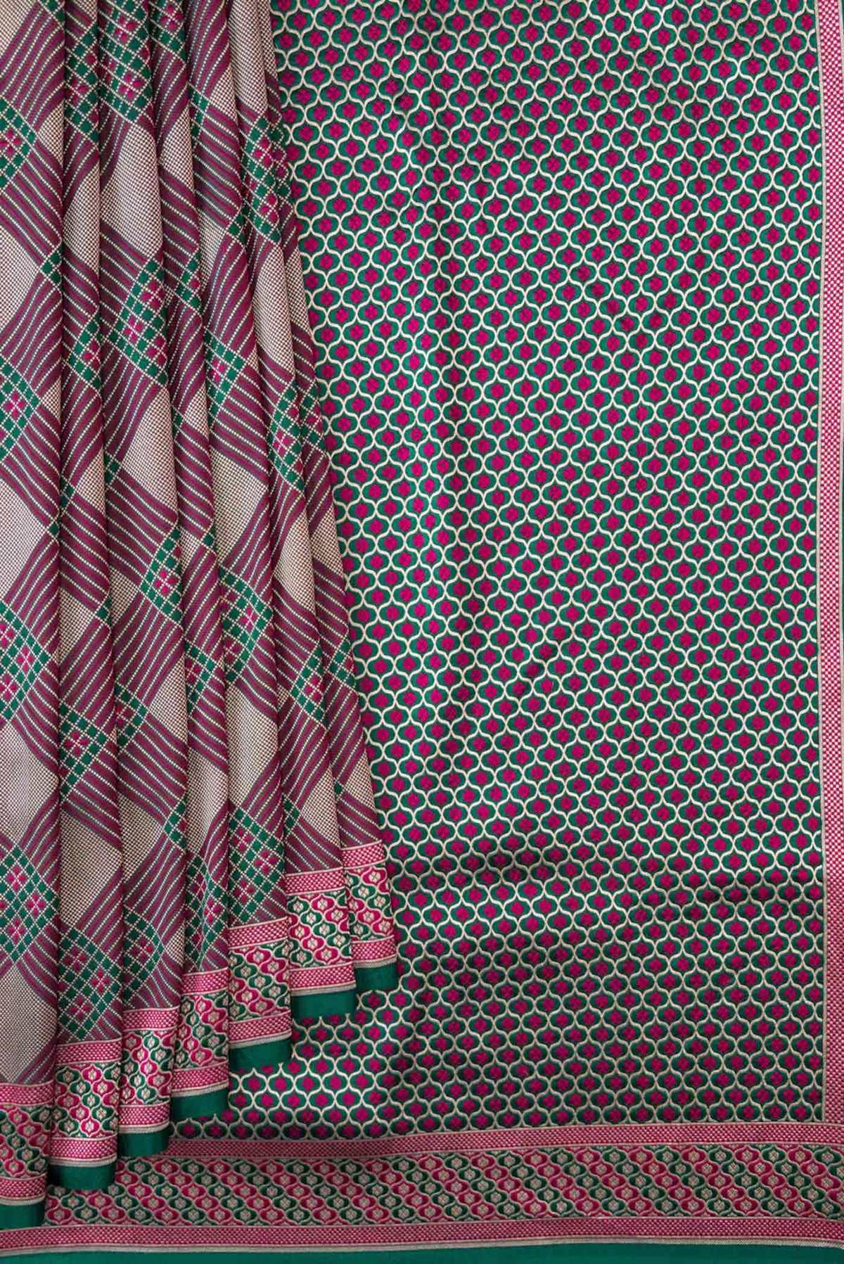 Pleats and pallu of Dark Pink Dual Tone Banarasi Silk Saree with Zari Brocade on the body and Fancy Border