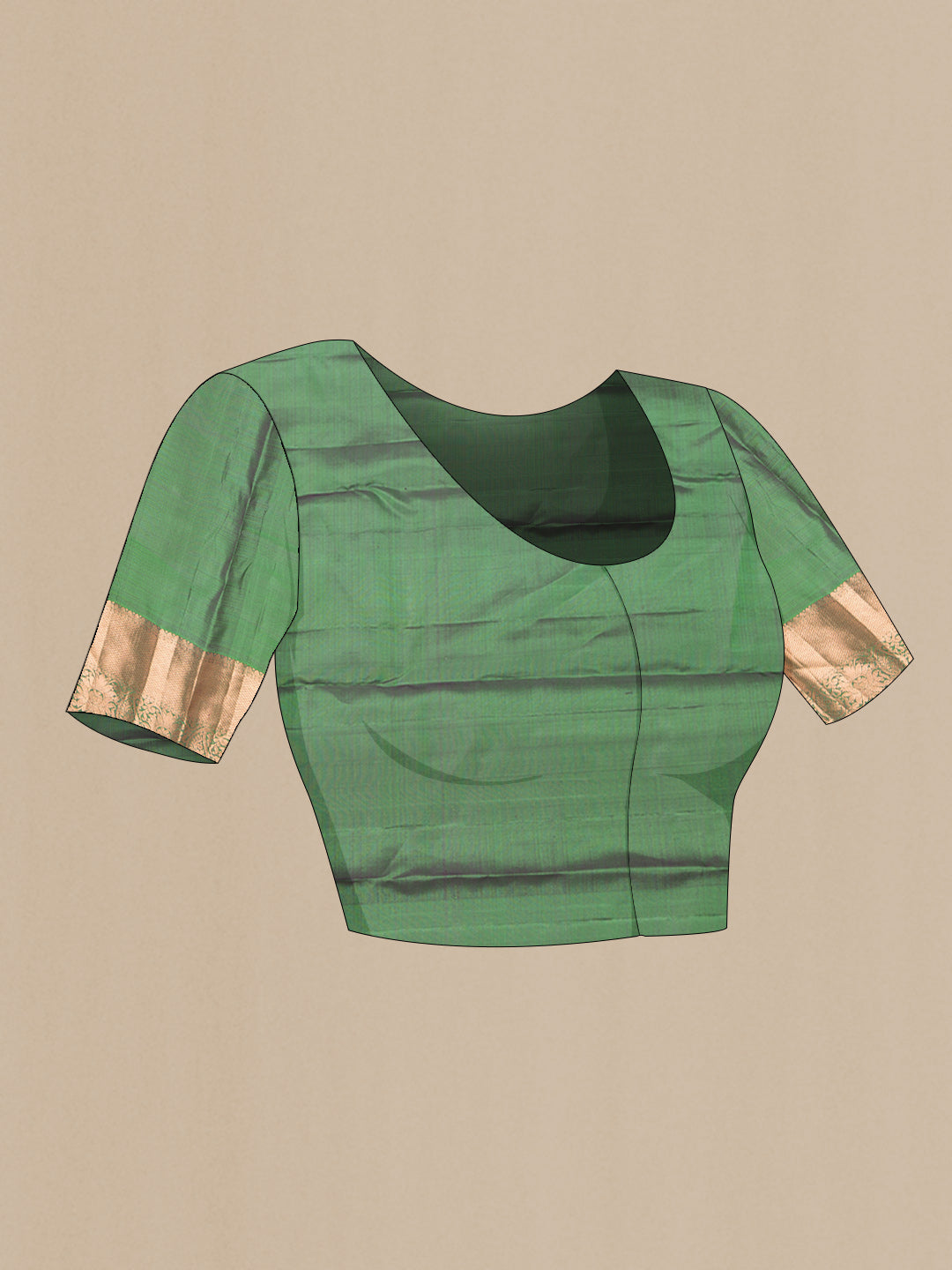 Close up image of the blouse of Green Dual Tone Kanchipuram Saree with Zari Butta on the body and Zari Border