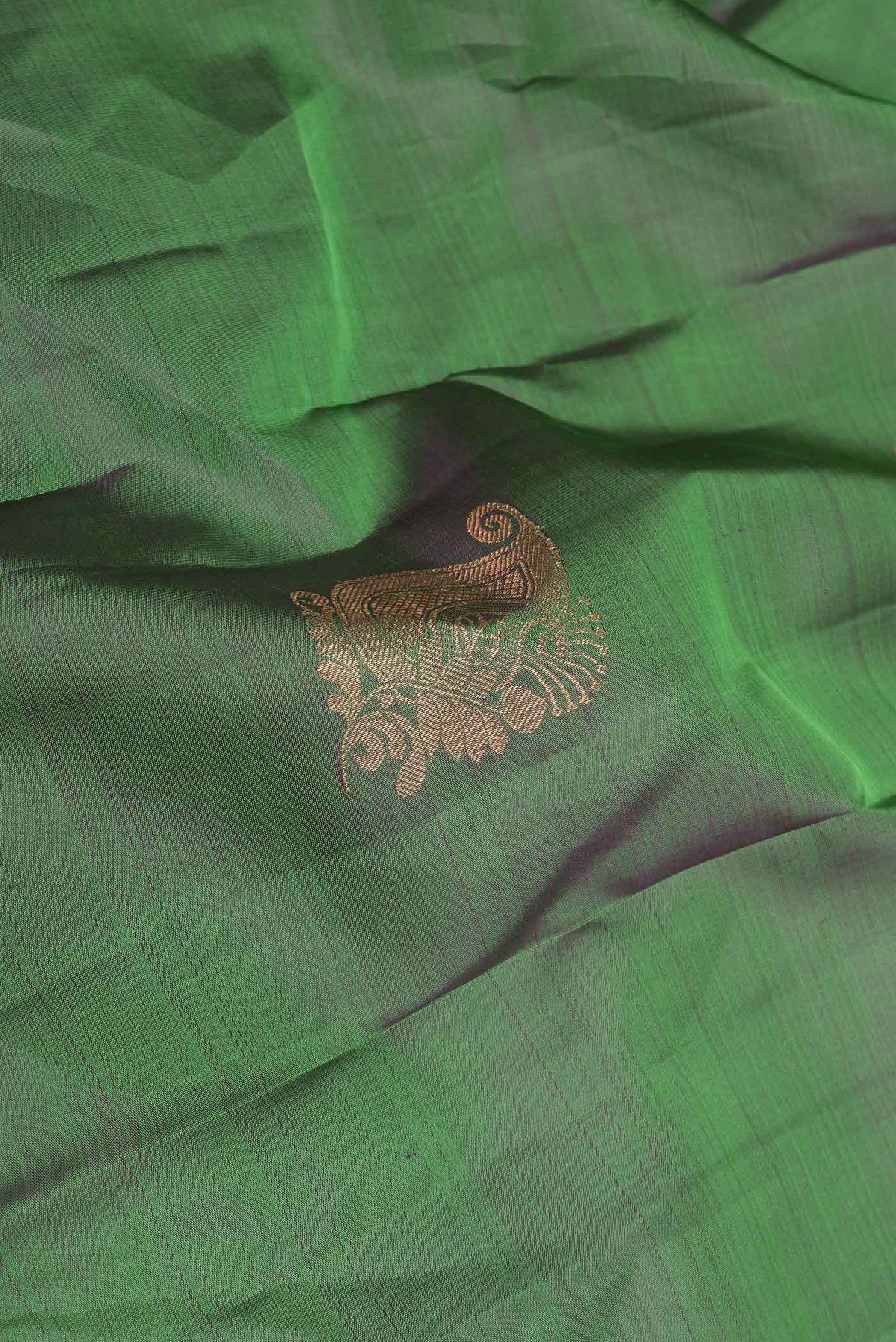 Close up of Green Dual Tone Kanchipuram Saree with Zari Butta on the body and Zari Border displaying folds