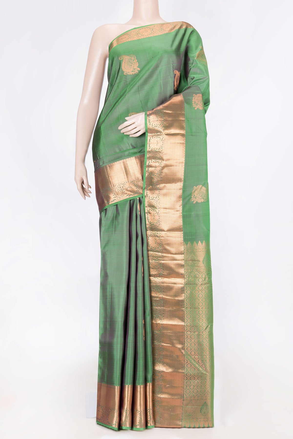 Green Dual Tone Kanchipuram Saree with Zari Butta on the body and Zari Border displayed on a mannequin