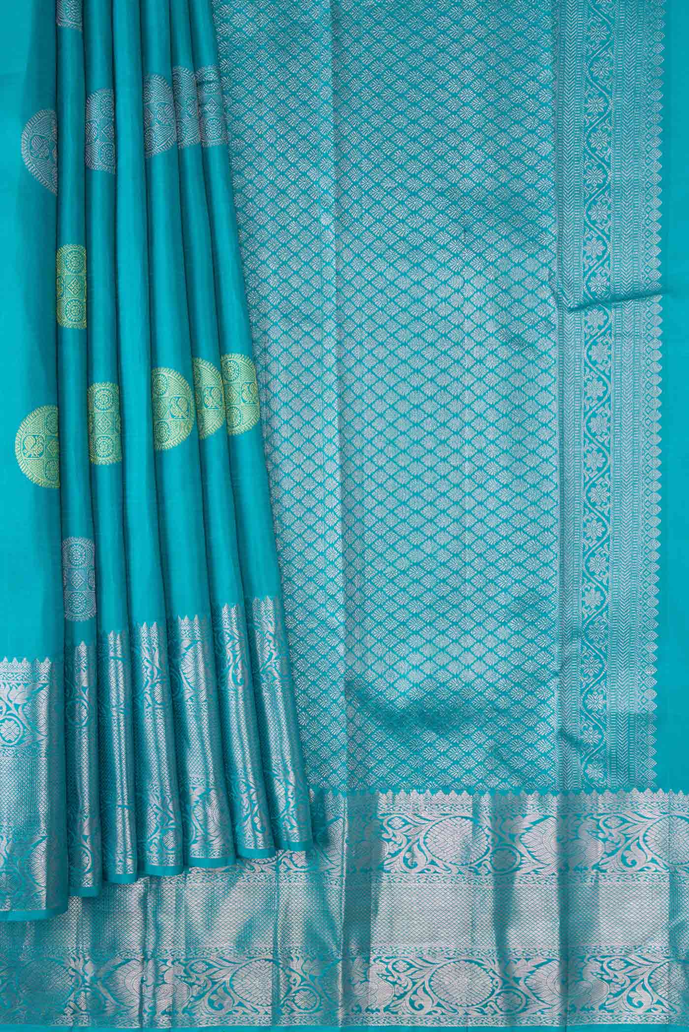 Pleats and pallu of Sky Blue Dual Tone Kanjivaram Silk Saree with Zari Brocade on the body and Zari Border. 