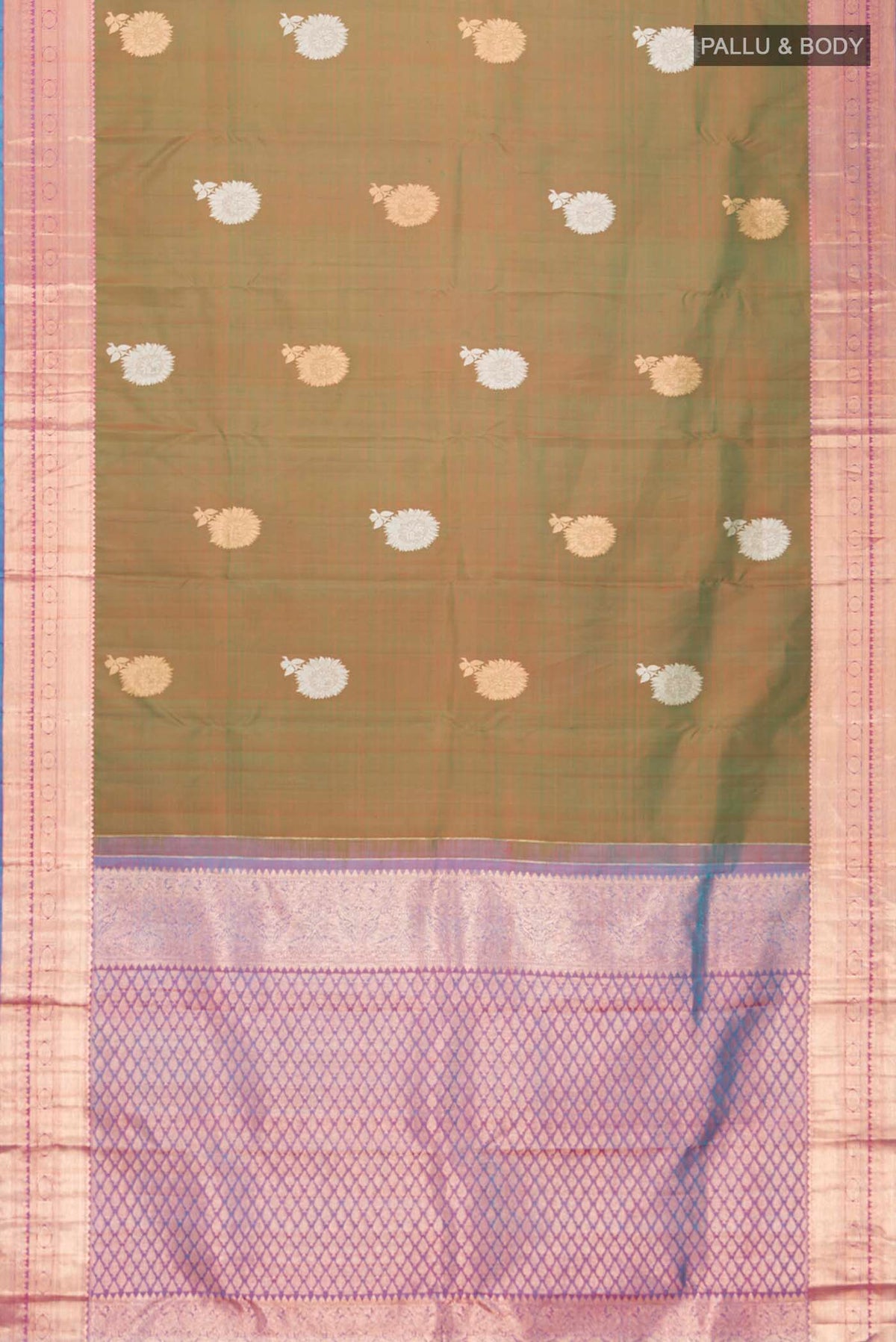 Flat view of Green Kanchipuram Silk Saree with Zari Butta on the body and Zari Border