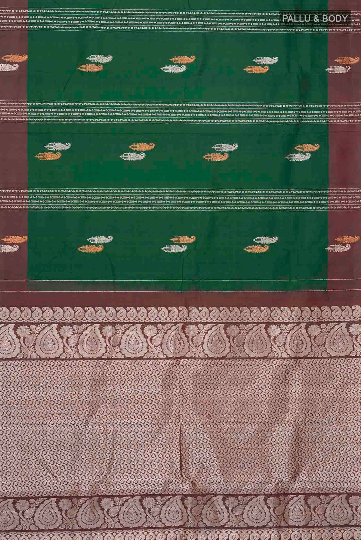 Flat view of Green Kanchipuram Silk Saree with Zari Butta on the body and Zari Border