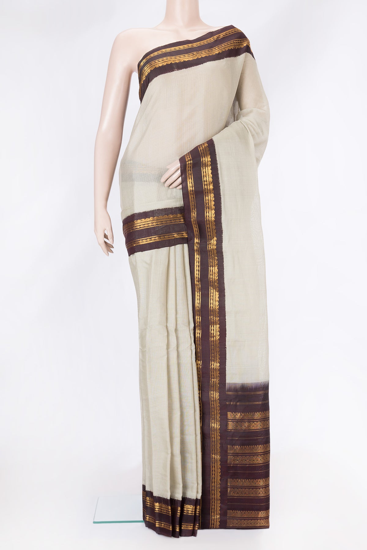 Grey Dual Tone Gadwal Silk Saree with Checked design on the body and Zari Border.  displayed on a mannequin