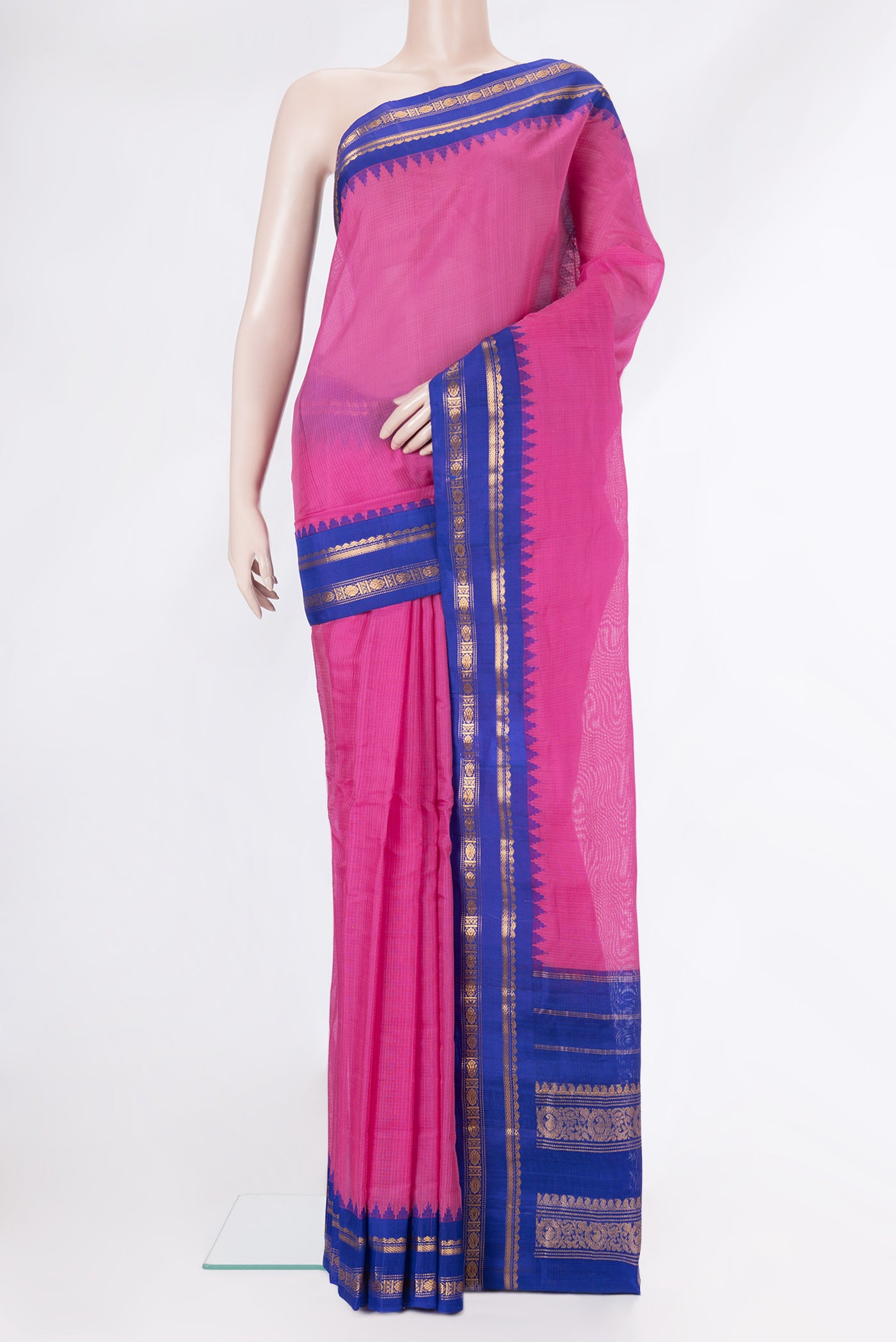 Pink Dual Tone Gadwal Silk Saree with Checked design on the body and Zari Border.  displayed on a mannequin
