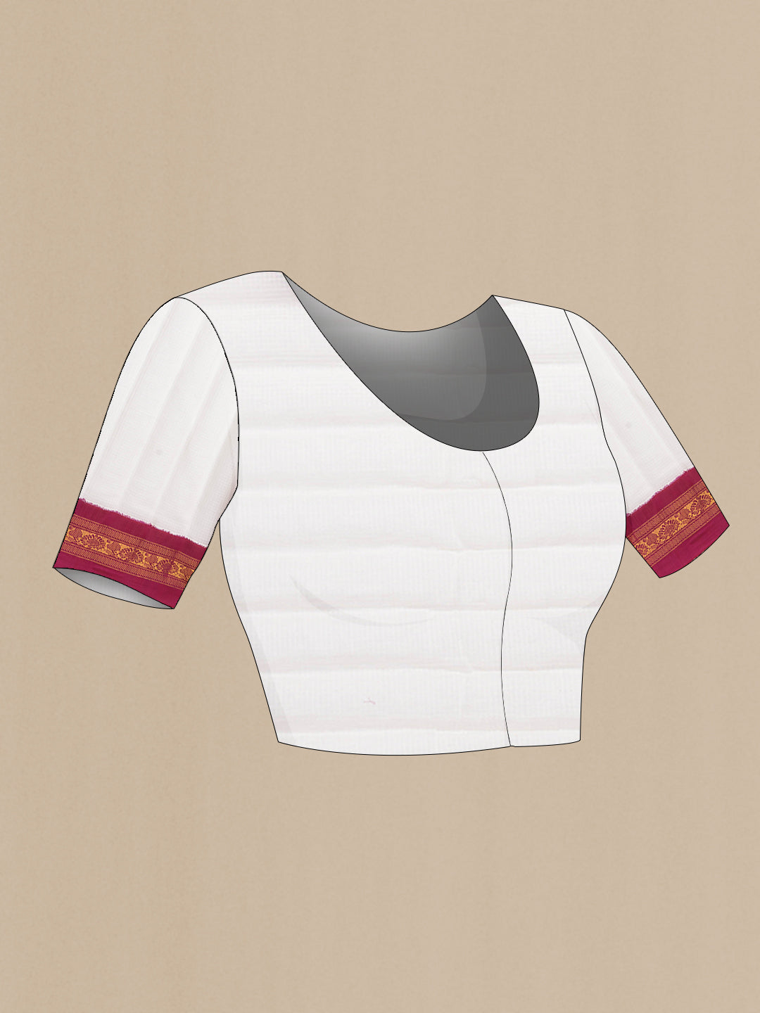 Close up image of the blouse of White Dual Tone Gadwal cotton Saree with Checked design on the body and Zari Border. 