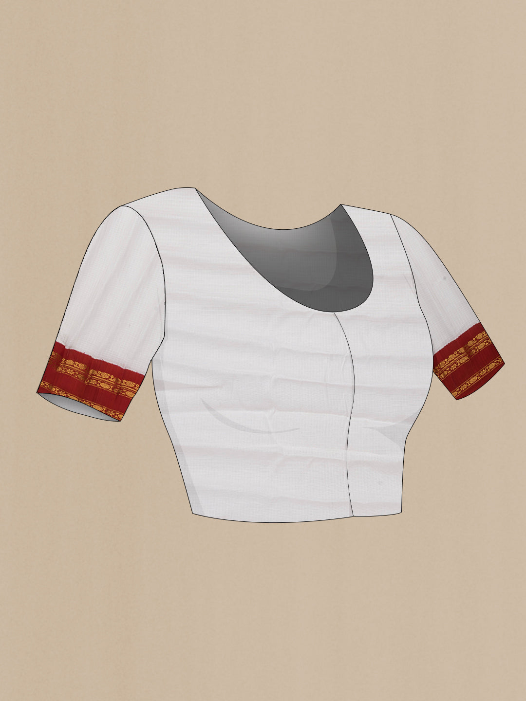 Close up image of the blouse of White Dual Tone Kanchipuram Silk Saree with Checked design on the body and Zari Border. 