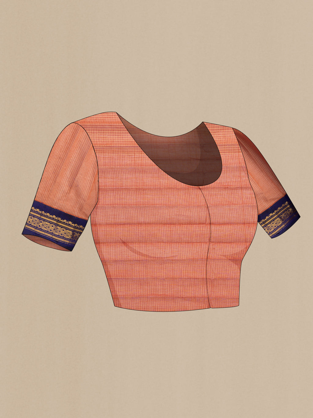 Close up image of the blouse of Orange Dual Tone Gadwal Silk Cotton Saree with Checked design on the body and Zari Border. 