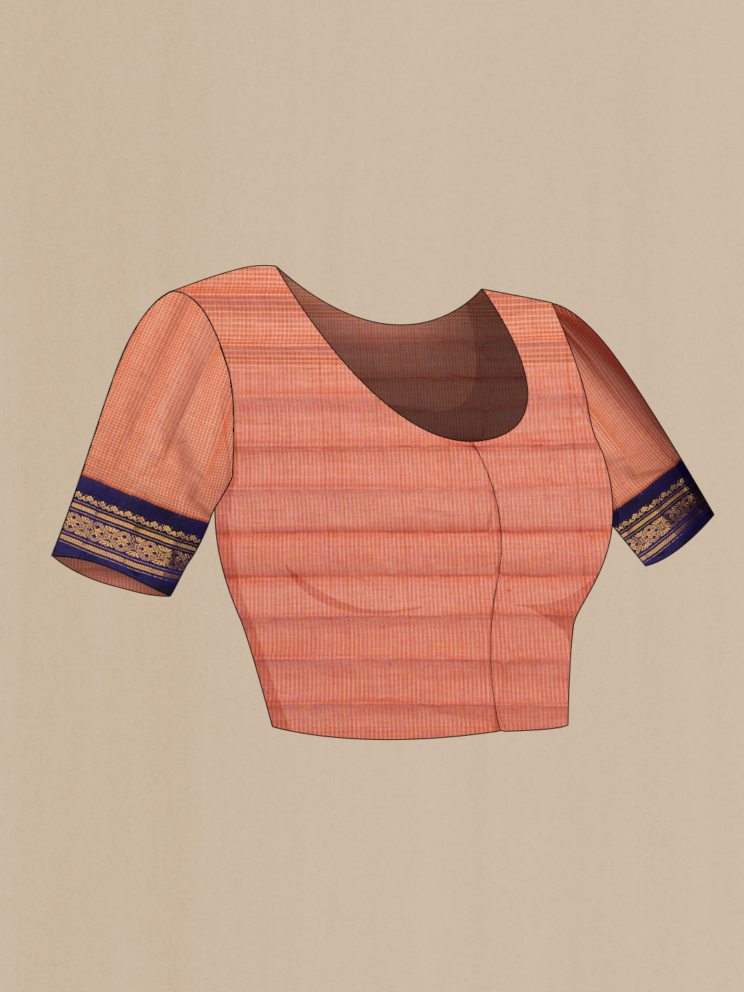 Close up image of the blouse of Orange Dual Tone Gadwal Silk Cotton Saree with Checked design on the body and Zari Border. 