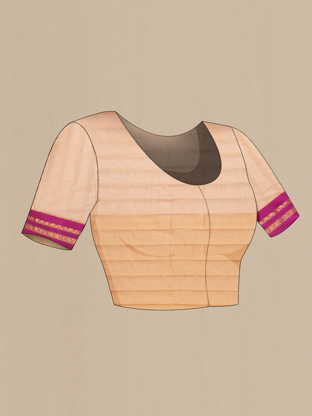 Close up image of the blouse of Peach Dual Tone Gadwal Silk Saree with Checked design on the body and Zari Border. 