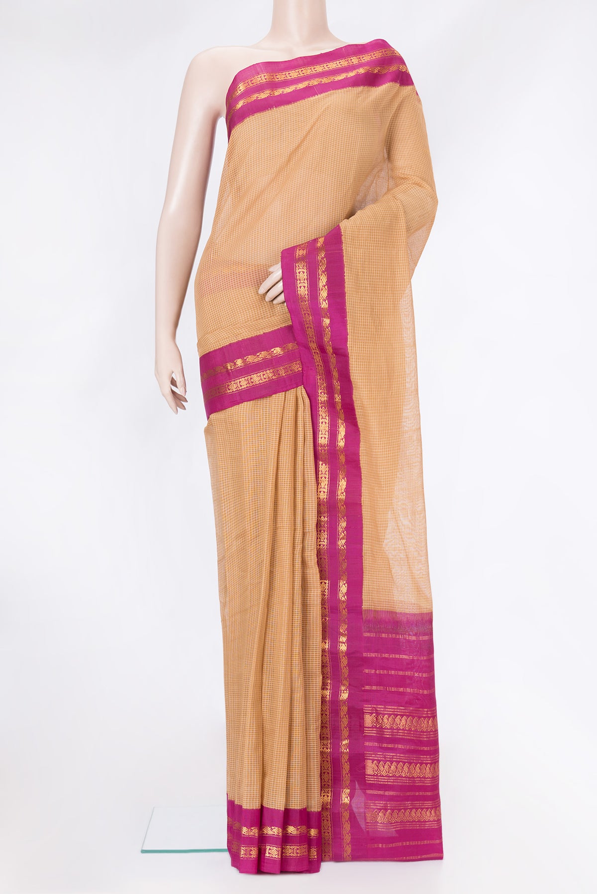 Peach Dual Tone Gadwal Silk Saree with Checked design on the body and Zari Border.  displayed on a mannequin