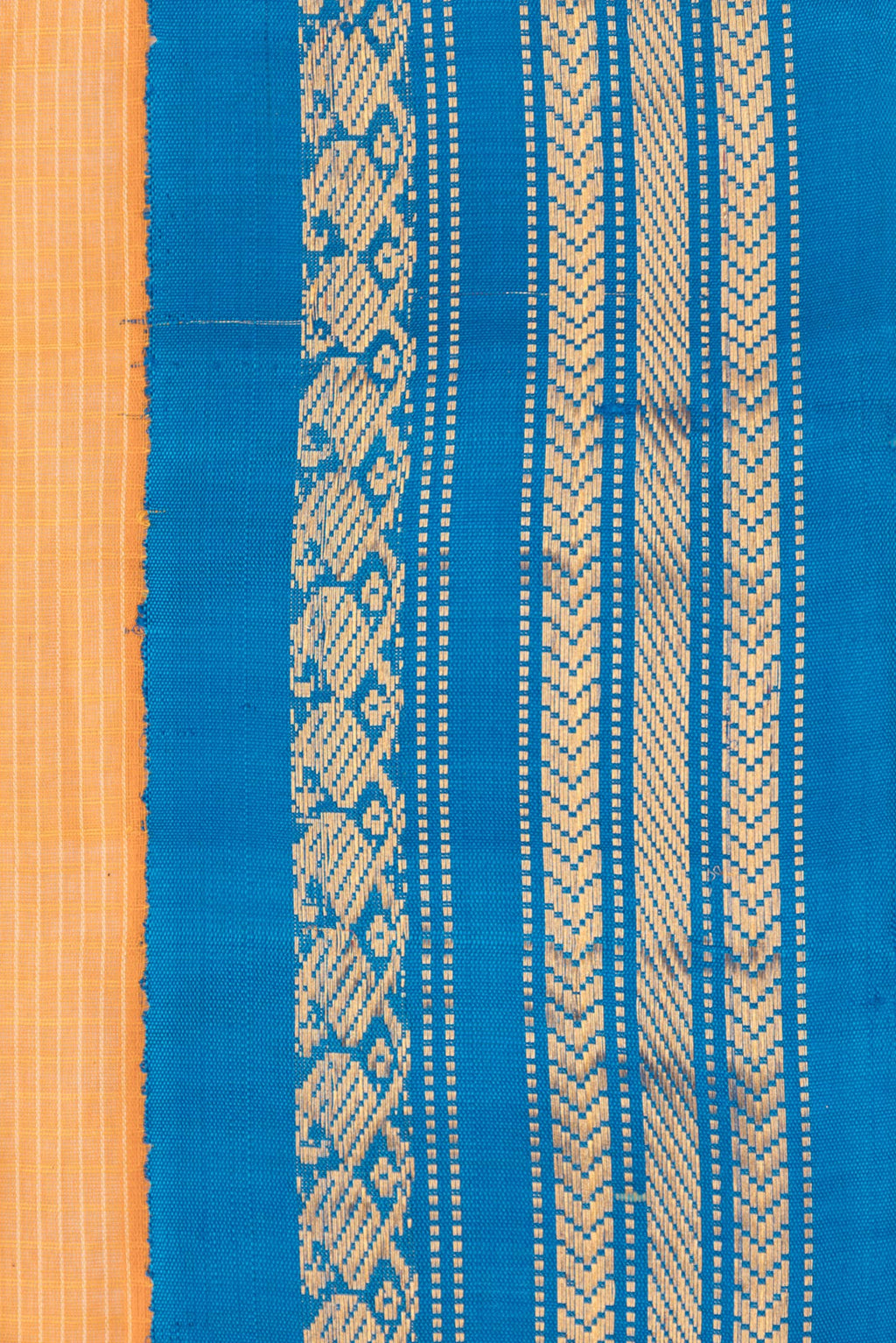 Border image of Orange Dual Tone Gadwal Silk Saree with Checked design on the body and Zari Border. 