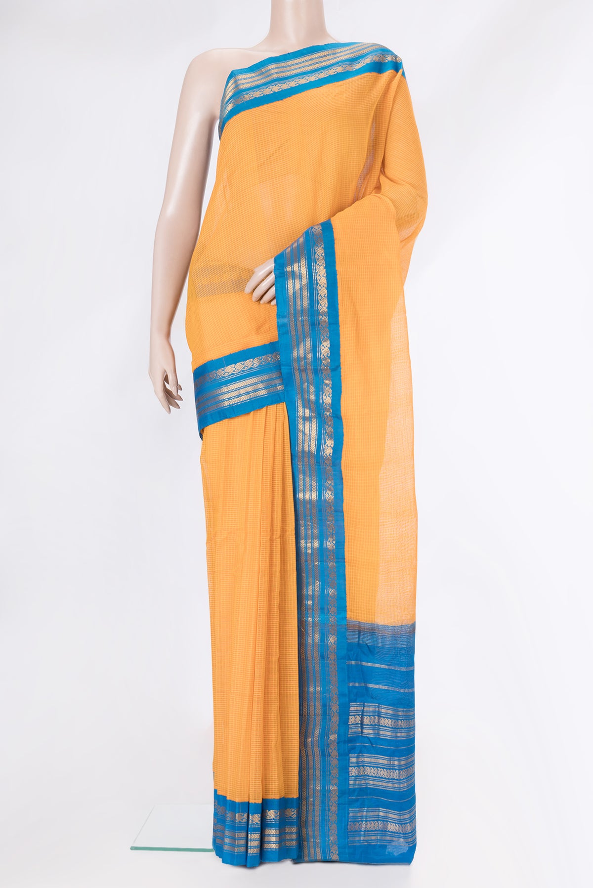 Orange Dual Tone Gadwal Silk Saree with Checked design on the body and Zari Border.  displayed on a mannequin