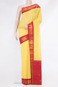 Yellow Dual Tone Gadwal Silk Saree with Checked design on the body and Zari Border.  displayed on a mannequin