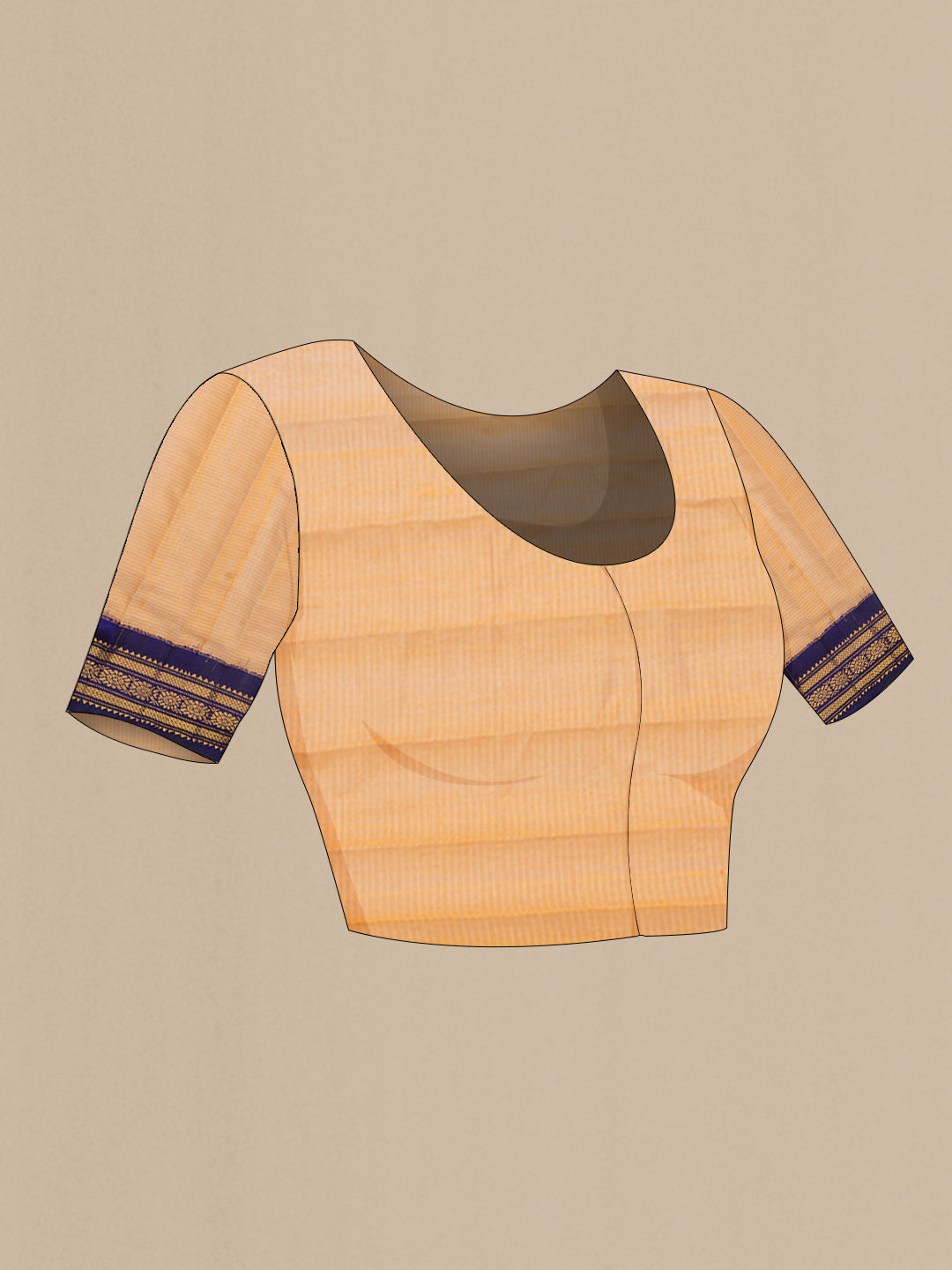 Close up image of the blouse of Orange Dual Tone Kanchipuram Silk Saree with Checked design on the body and Zari Border. 