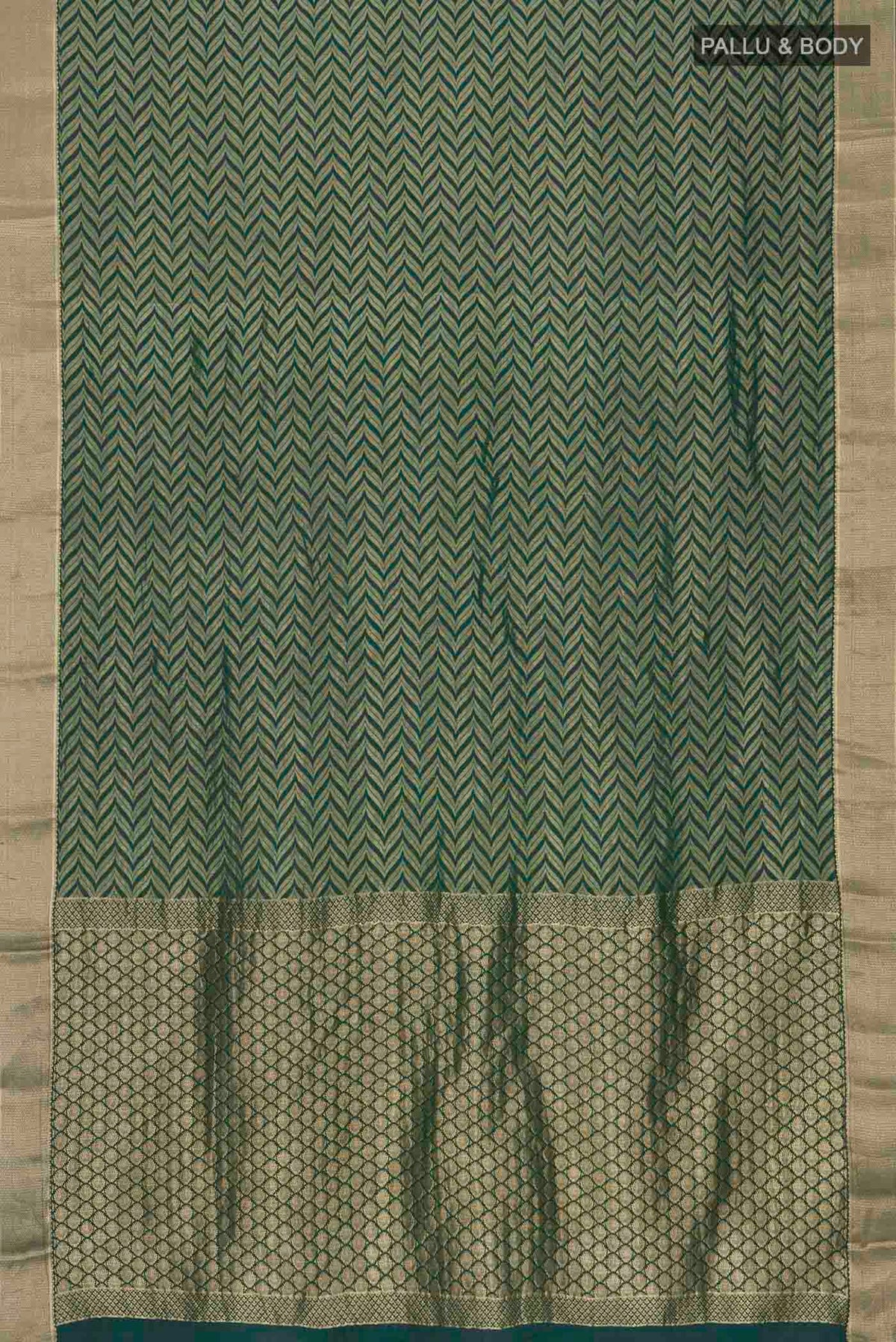 Flat view of Green Mysore Crepe Saree with Zari Brocade on the body and Zari Border