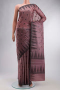 Mauve Banarasi Tussar Silk Saree with Thread Butta on the body and Temple Border displayed on a mannequin