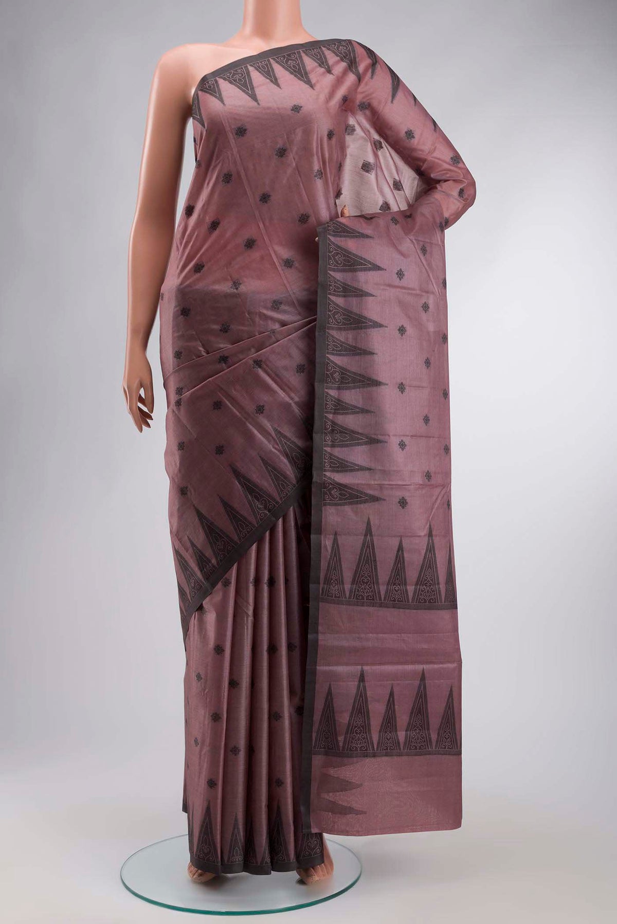 Mauve Banarasi Tussar Silk Saree with Thread Butta on the body and Temple Border displayed on a mannequin