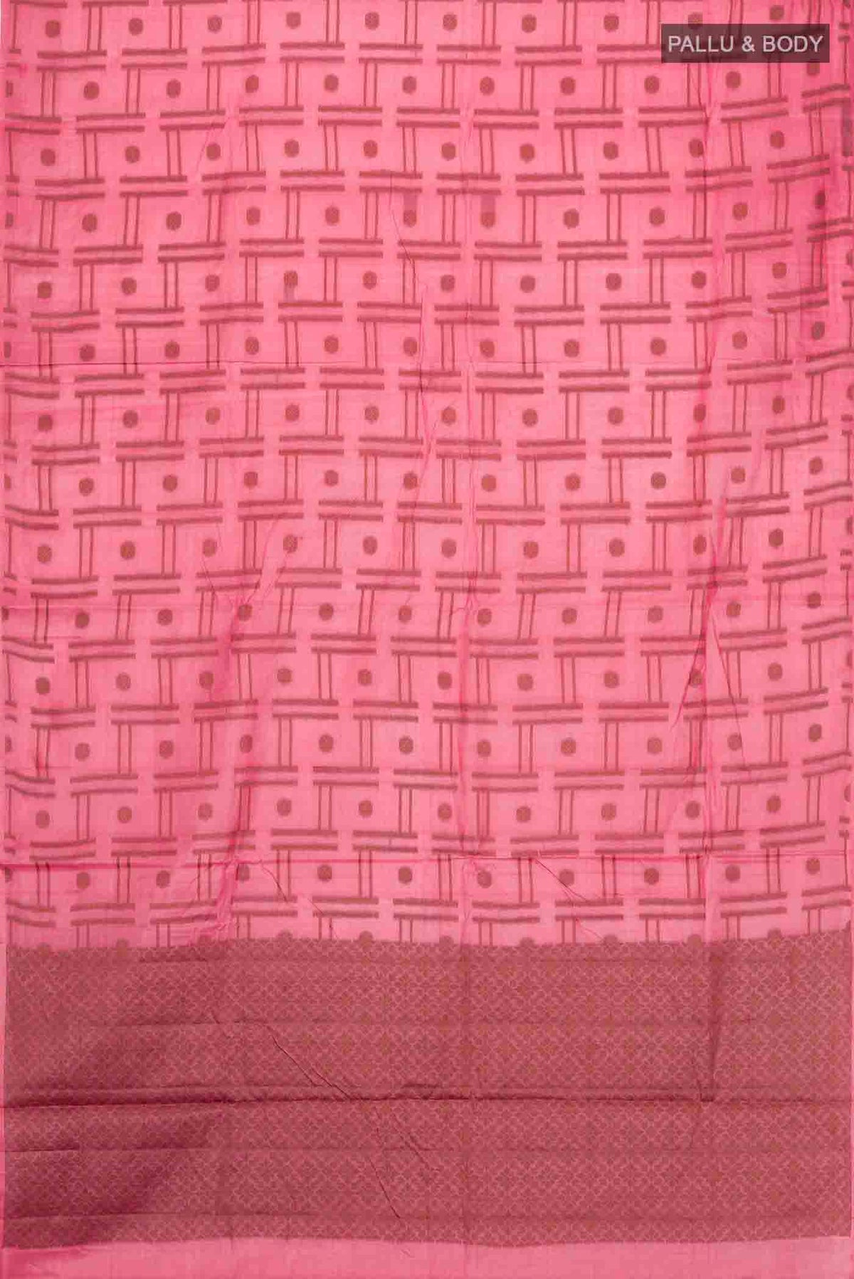 Flat view of Coral Banarasi Tussar Silk Saree with Thread Butta on the body and Without Border