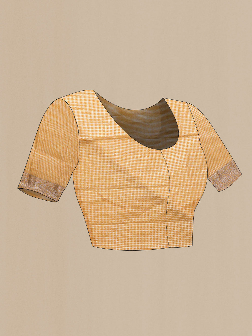 Close up image of the blouse of Gold Dual Tone Tussar Silk Saree with Checked design on the body and Zari Border. 