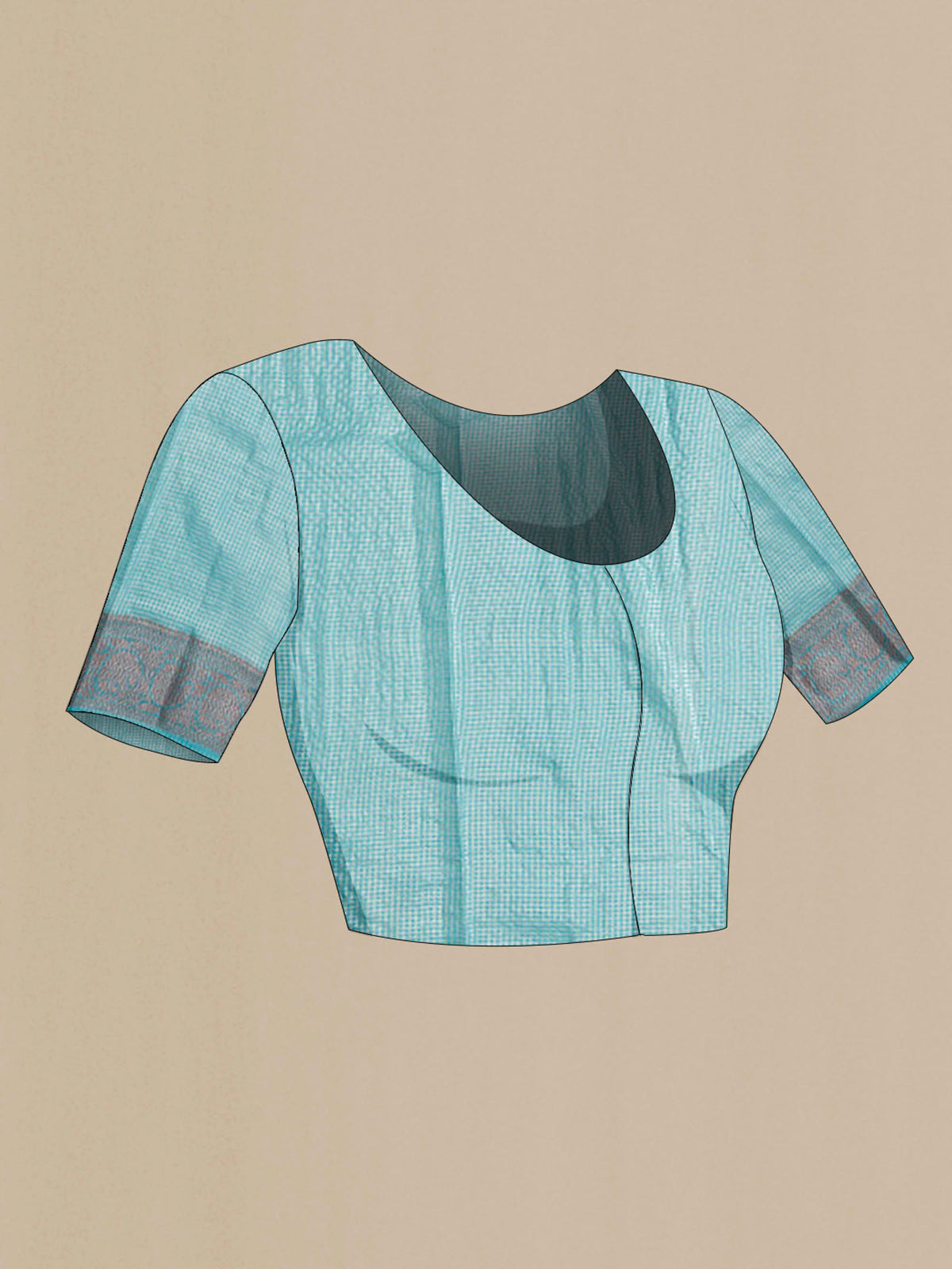 Close up image of the blouse of Blue Banarasi Raw Silk Saree with Checked design on the body and Zari Border