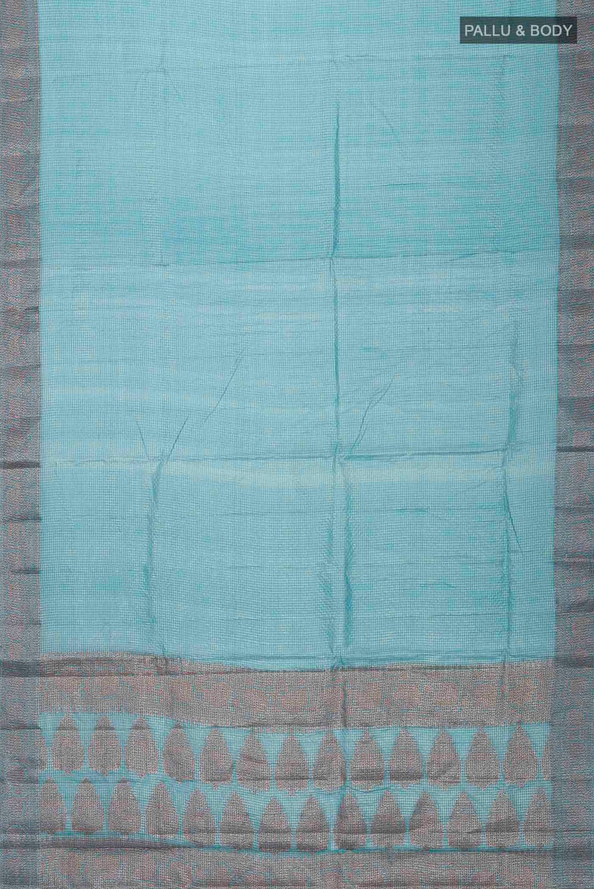 Flat view of Blue Banarasi Raw Silk Saree with Checked design on the body and Zari Border