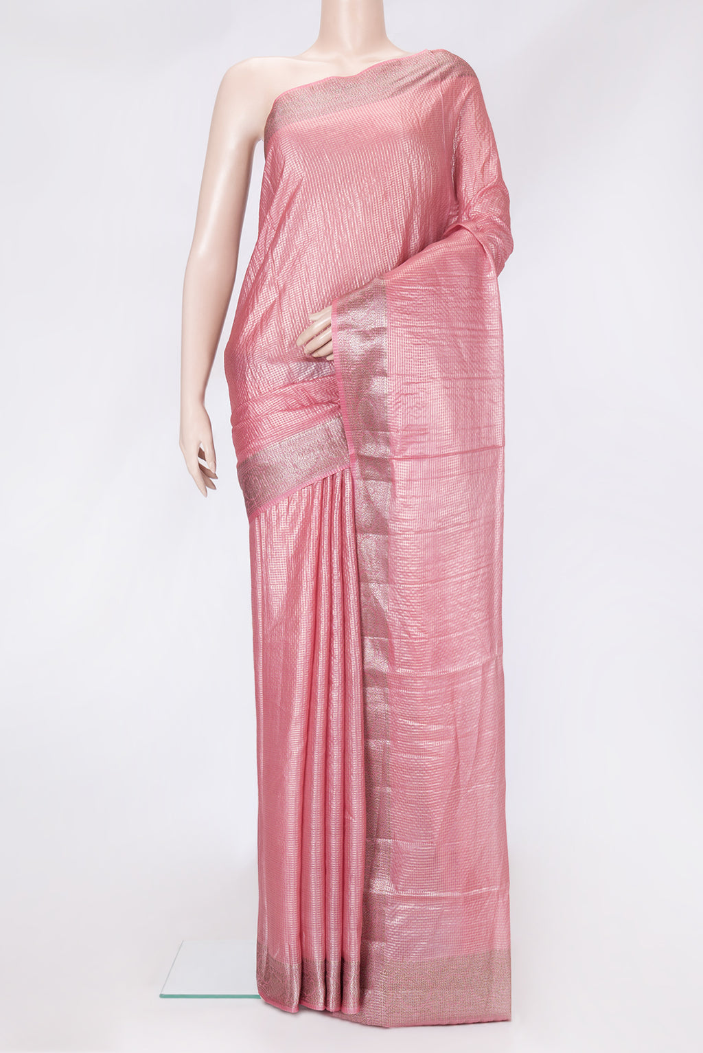 Pink Dual Tone Tussar Silk Saree with Checked design on the body and Zari Border.  displayed on a mannequin