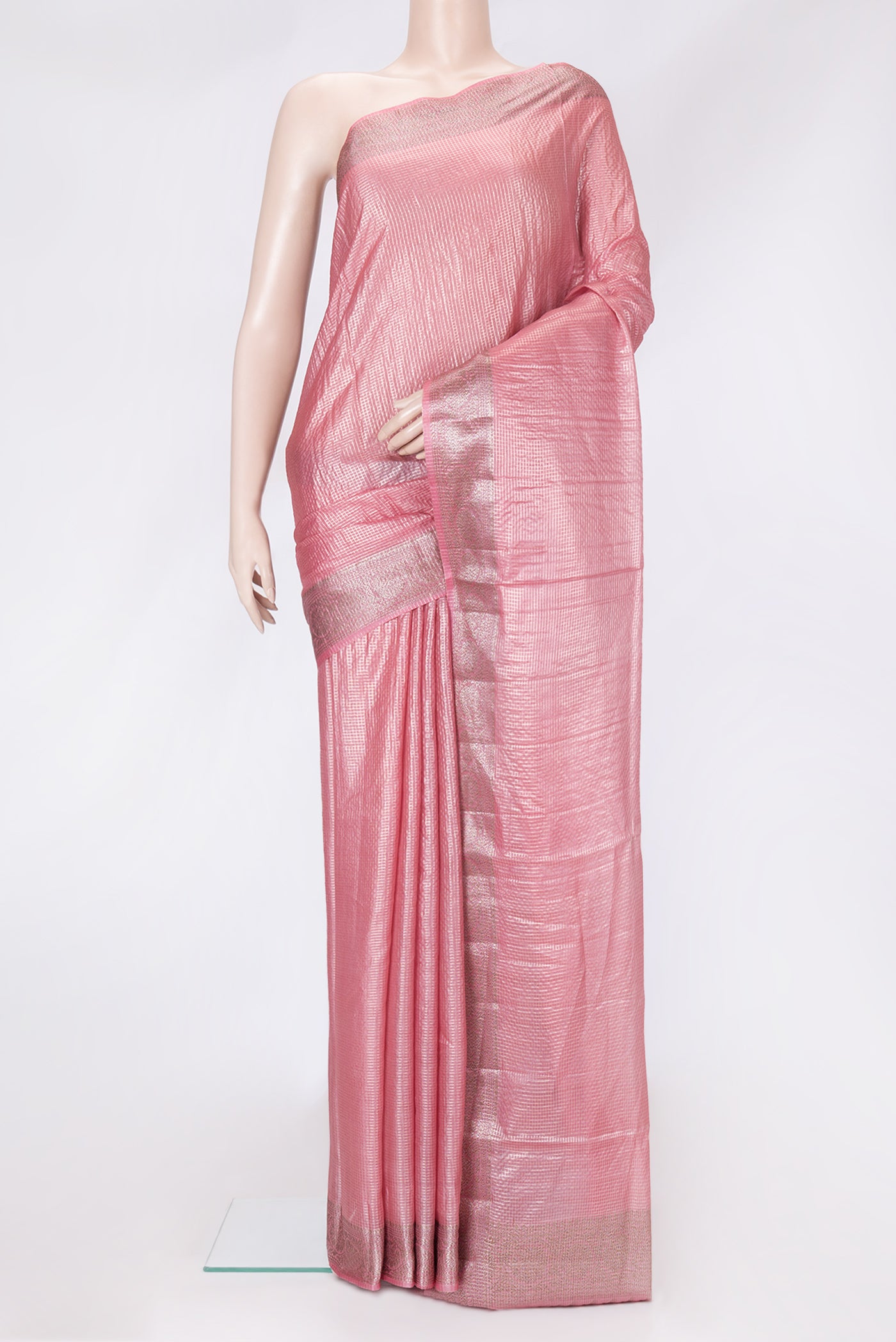 Pink Dual Tone Tussar Silk Saree with Checked design on the body and Zari Border.  displayed on a mannequin