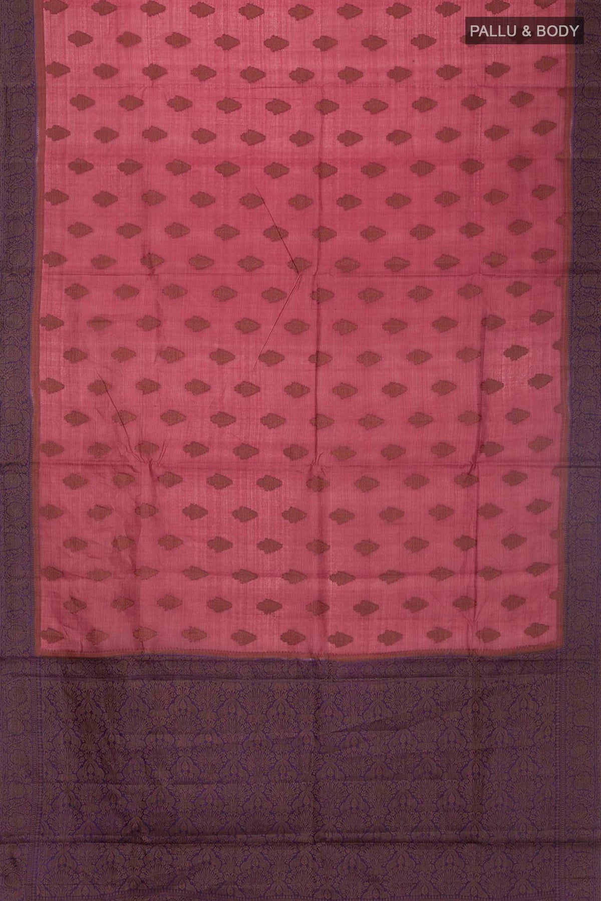 Flat view of Brown Tussar Silk Saree with Zari Butta on the body and Thread Border
