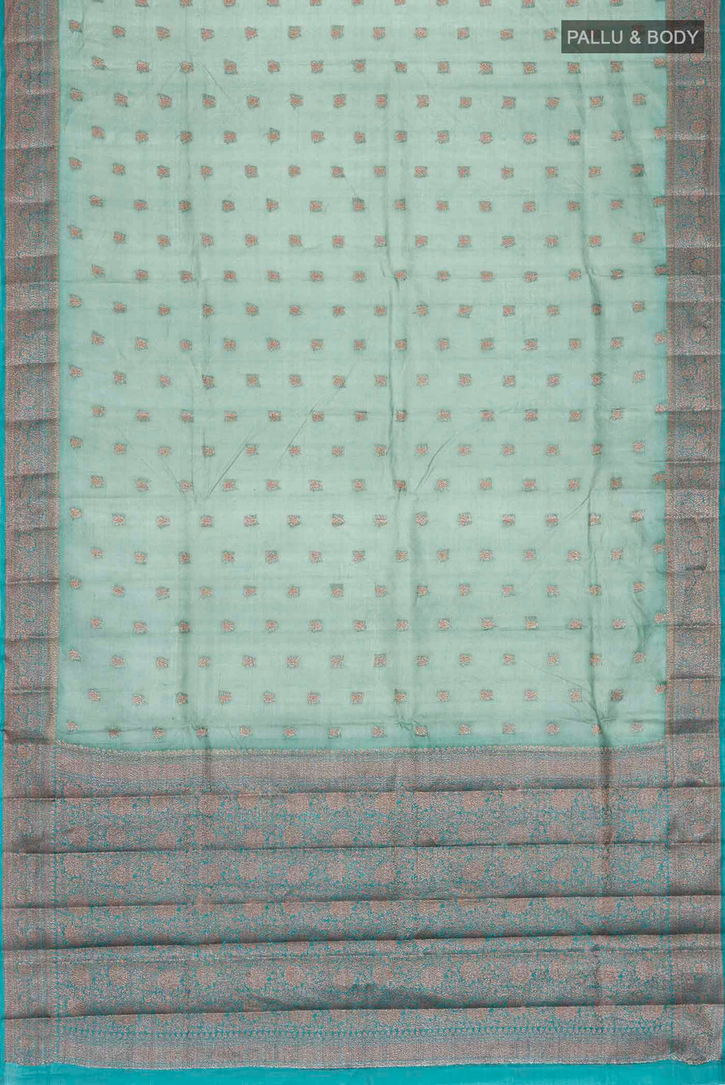 Flat view of Blue Bhagalpuri Tussar Silk Saree with Zari Butta on the body and Zari Border