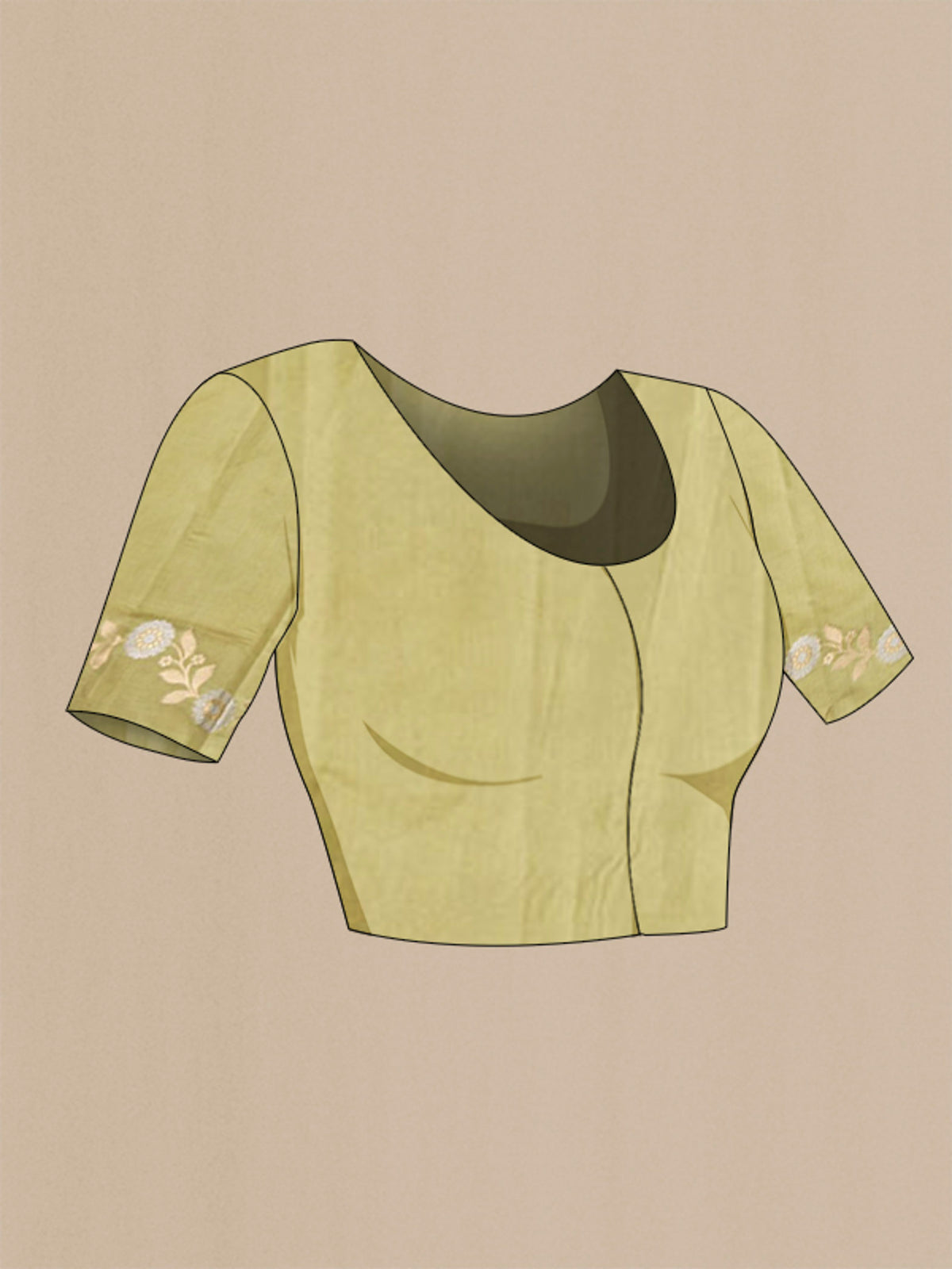 Close up image of the blouse of Green Banarasi Raw Silk Saree with Zari Butta on the body and Zari Border