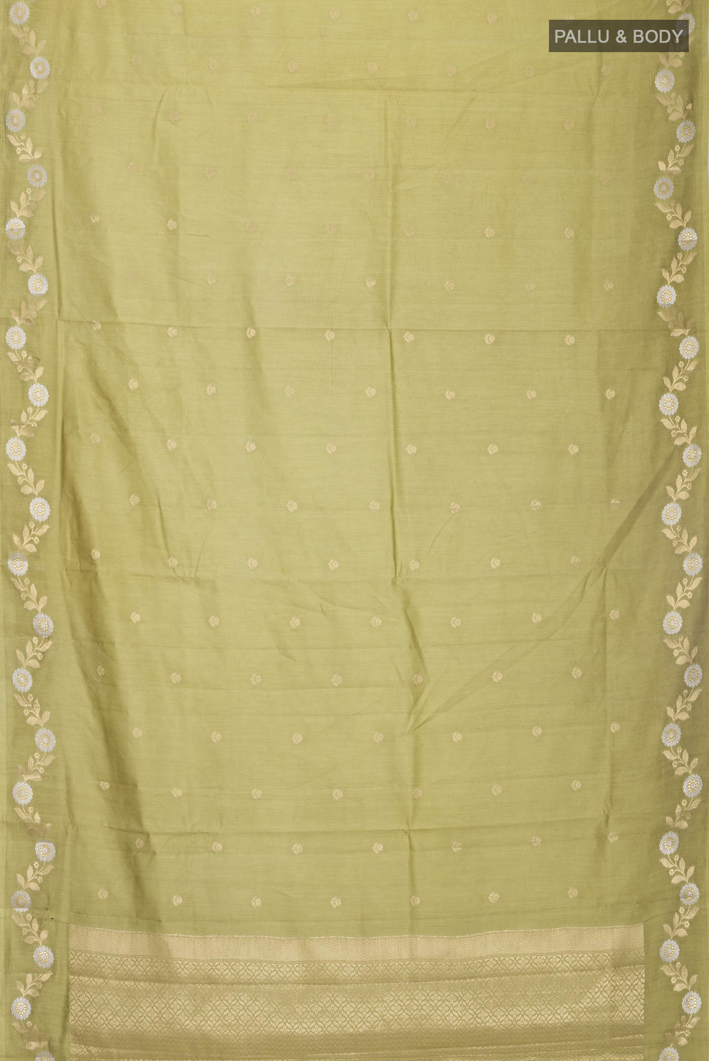 Flat view of Green Banarasi Raw Silk Saree with Zari Butta on the body and Zari Border