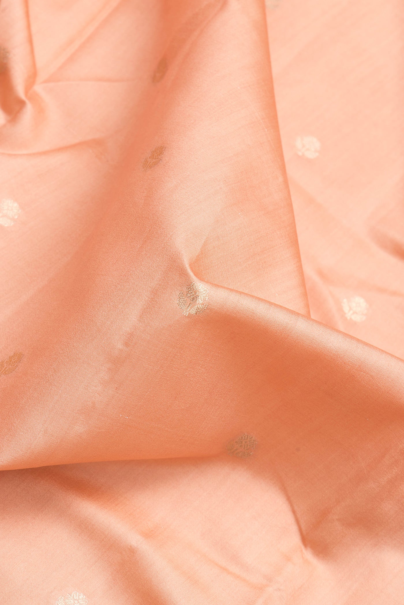 Close up of Golden Peach Dual Tone Tussar Silk Saree with Zari Butta on the body and Zari Border.  displaying folds