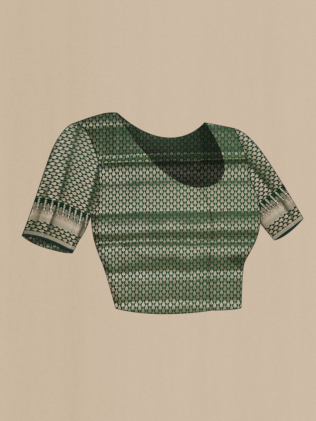 Close up image of the blouse of Bottle Green Dual Tone Tussar Silk Saree with Zari Butta on the body and Zari Border. 