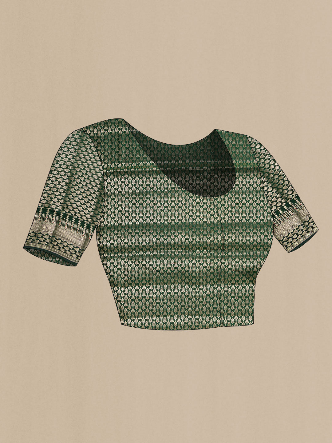 Close up image of the blouse of Bottle Green Dual Tone Tussar Silk Saree with Zari Butta on the body and Zari Border. 