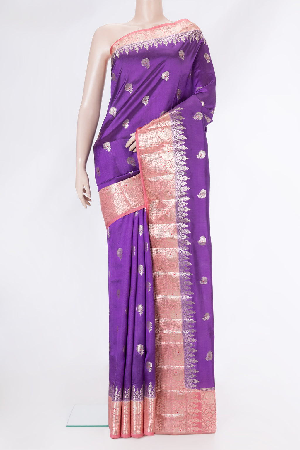 Purple Dual Tone Tussar Silk Saree with Zari Butta on the body and Zari Border.  displayed on a mannequin