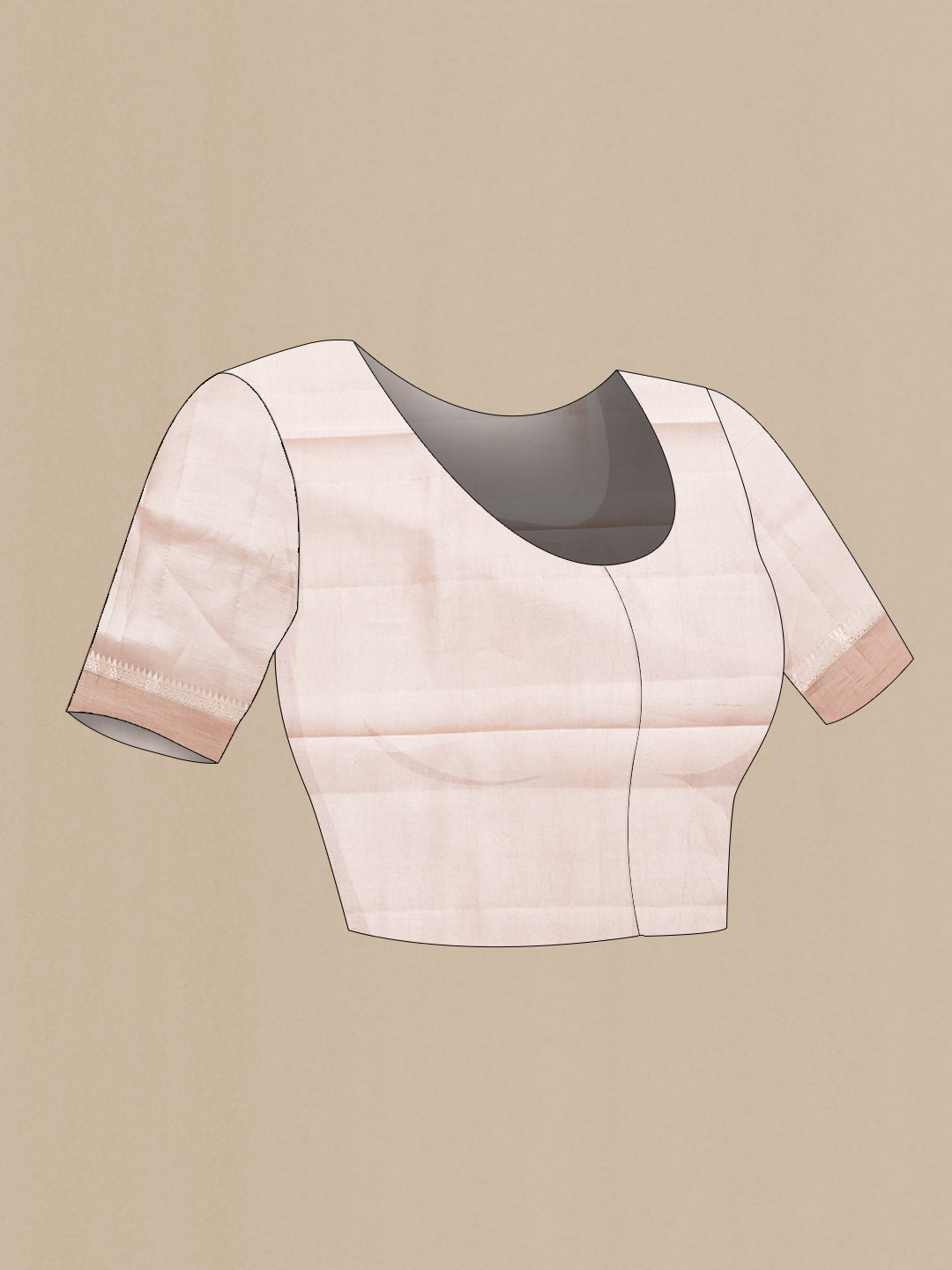 Close up image of the blouse of Rose Gold Dual Tone Tussar Silk Saree with Stripes on the body and Zari Border. 