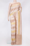 Rose Gold Dual Tone Tussar Silk Saree with Stripes on the body and Zari Border.  displayed on a mannequin
