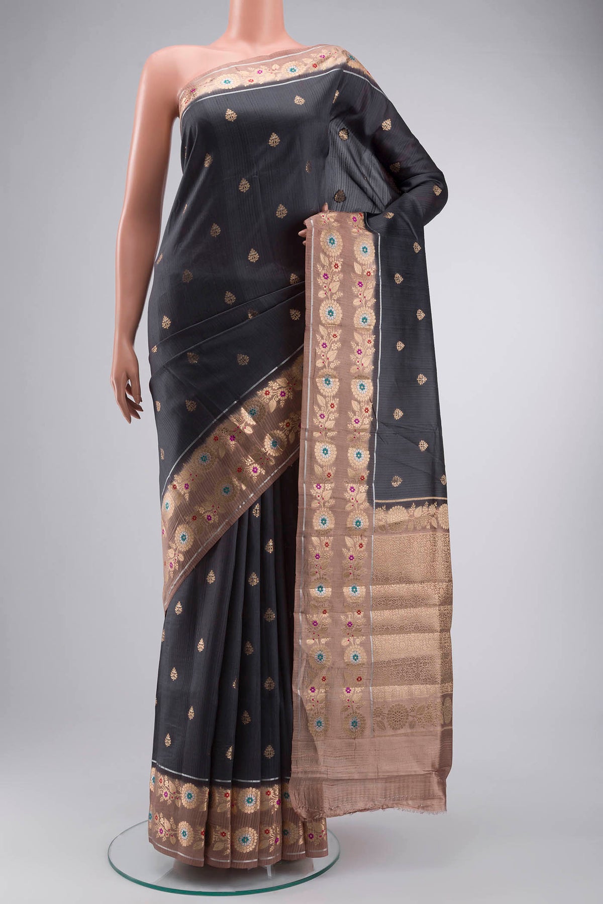 Grey Banarasi Raw Silk Saree with Zari Butta on the body and Zari Border displayed on a mannequin