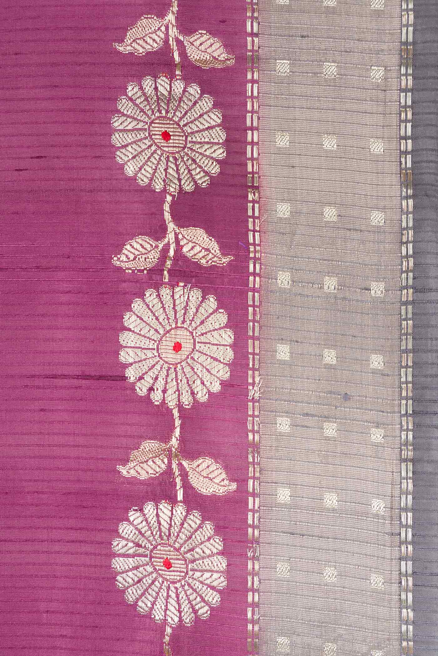 Border image of Purple Dual Tone Tussar Silk Saree with Zari Butta on the body and Zari Border. 