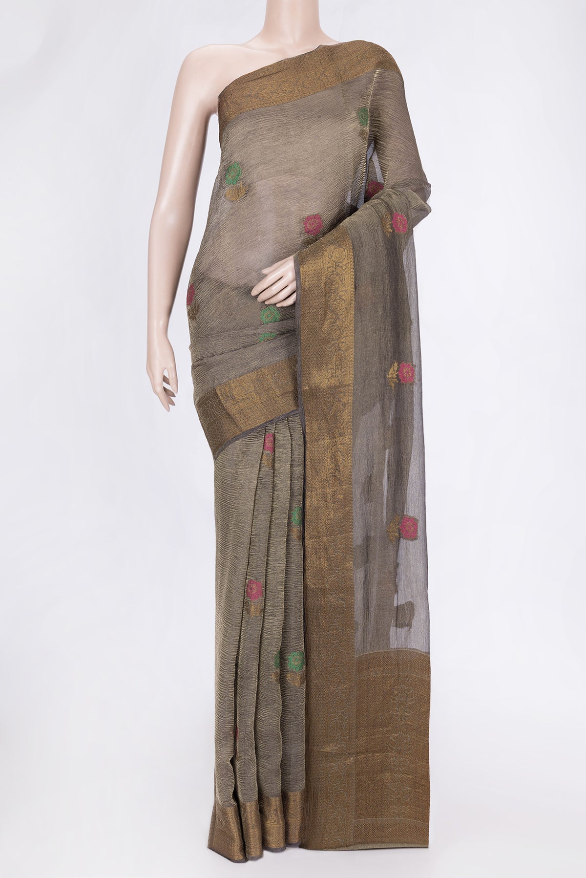 Grey Dual Tone Organza Silk Saree with Zari And Thread Butta on the body and Zari Border.  displayed on a mannequin