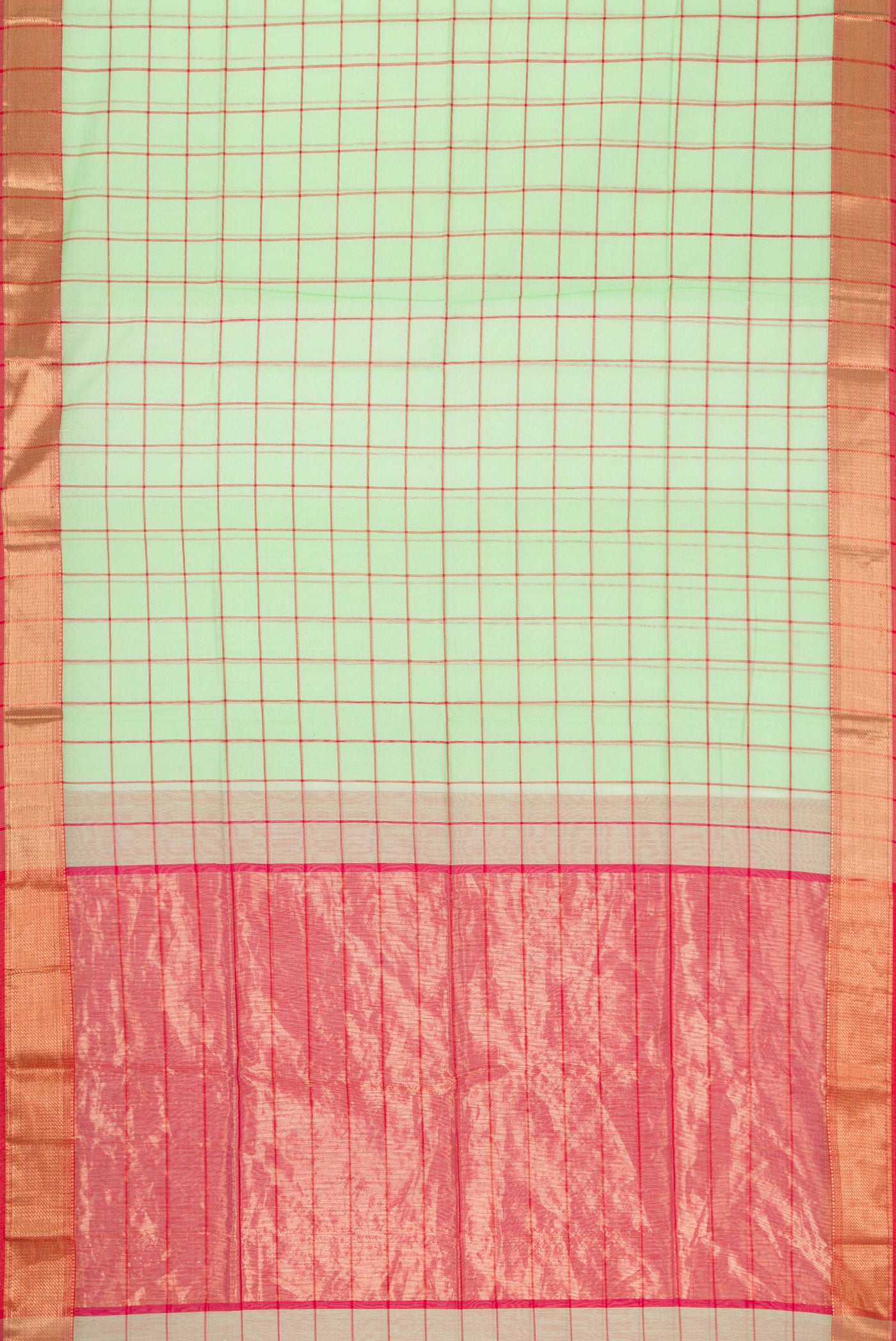 Flat view of Pista Green Dual Tone Maheshwari Silk Saree with Checked design on the body and Zari Border. 