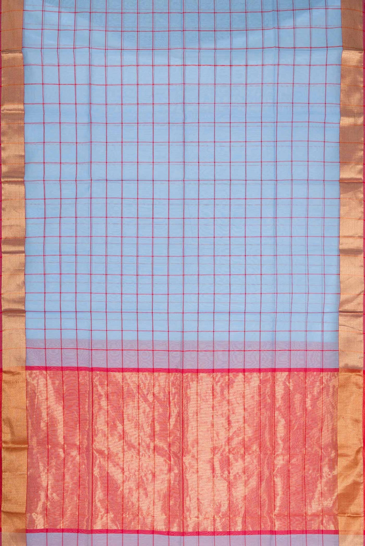 Flat view of Light Blue Dual Tone Maheshwari Silk Saree with Checked design on the body and Zari Border