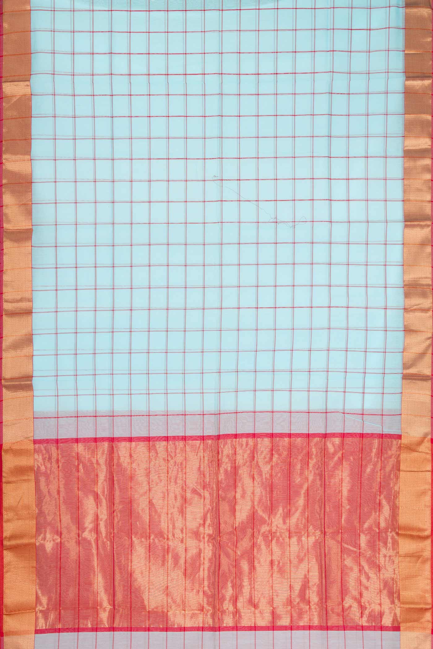 Flat view of Sky Blue Dual Tone Maheshwari Silk Saree with Checked design on the body and Zari Border