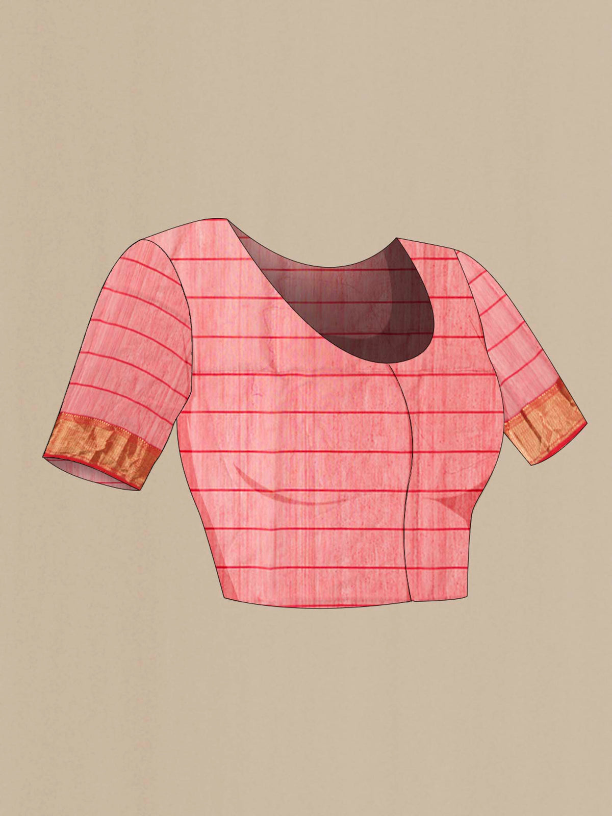 Close up image of the blouse of Beige Maheshwari Silk Cotton Saree with Checked design on the body and Zari Border