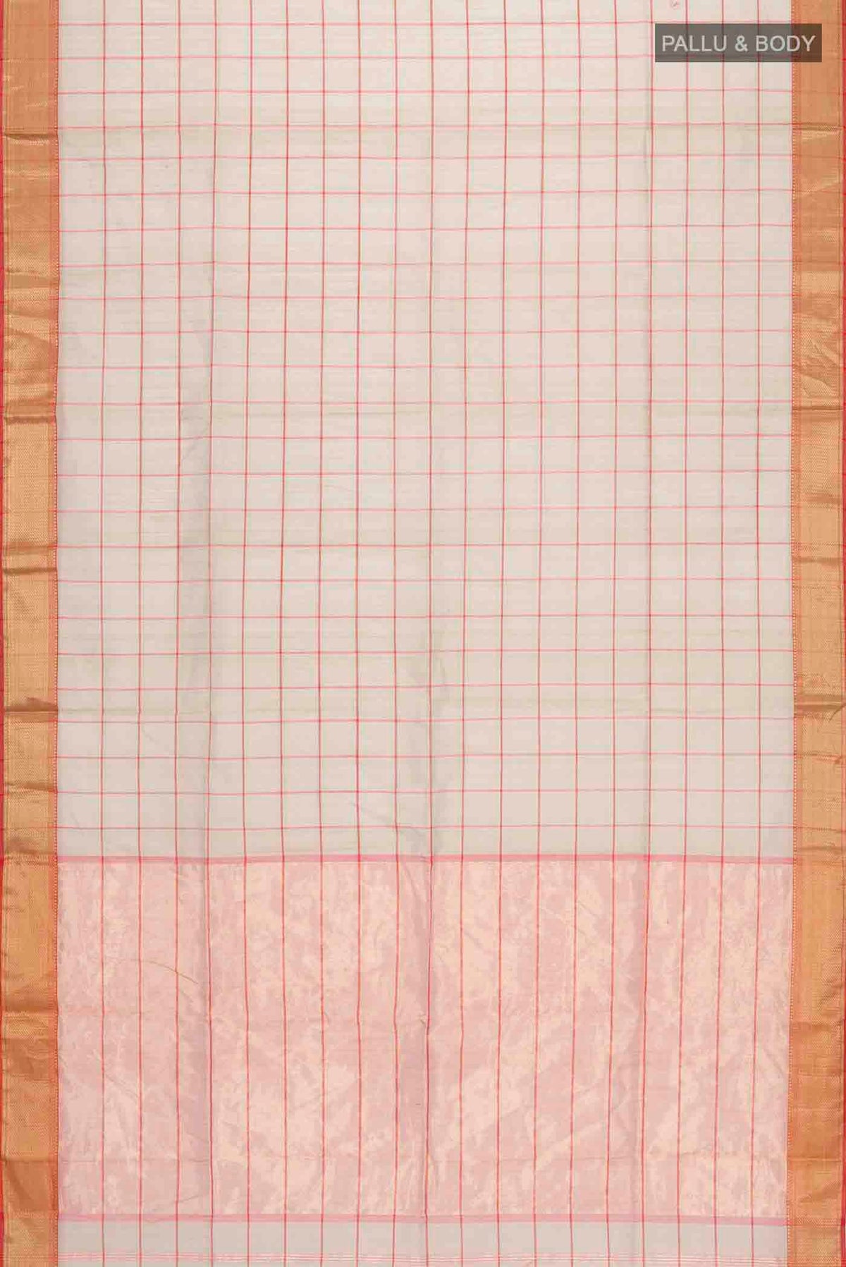 Flat view of Beige Maheshwari Silk Cotton Saree with Checked design on the body and Zari Border